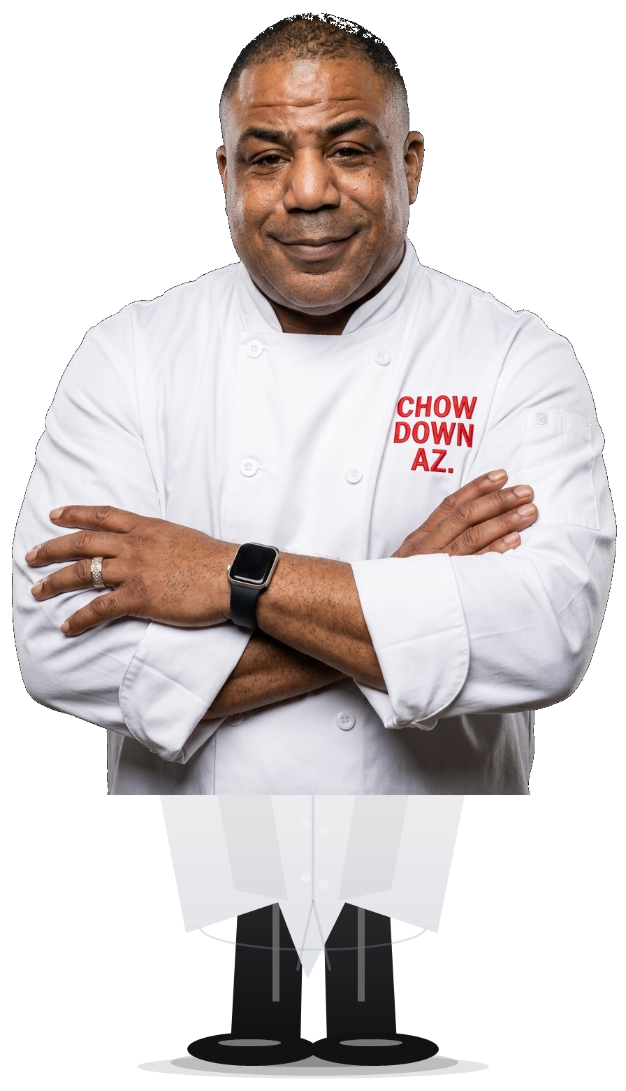 Chef Moe in a white chef outfit